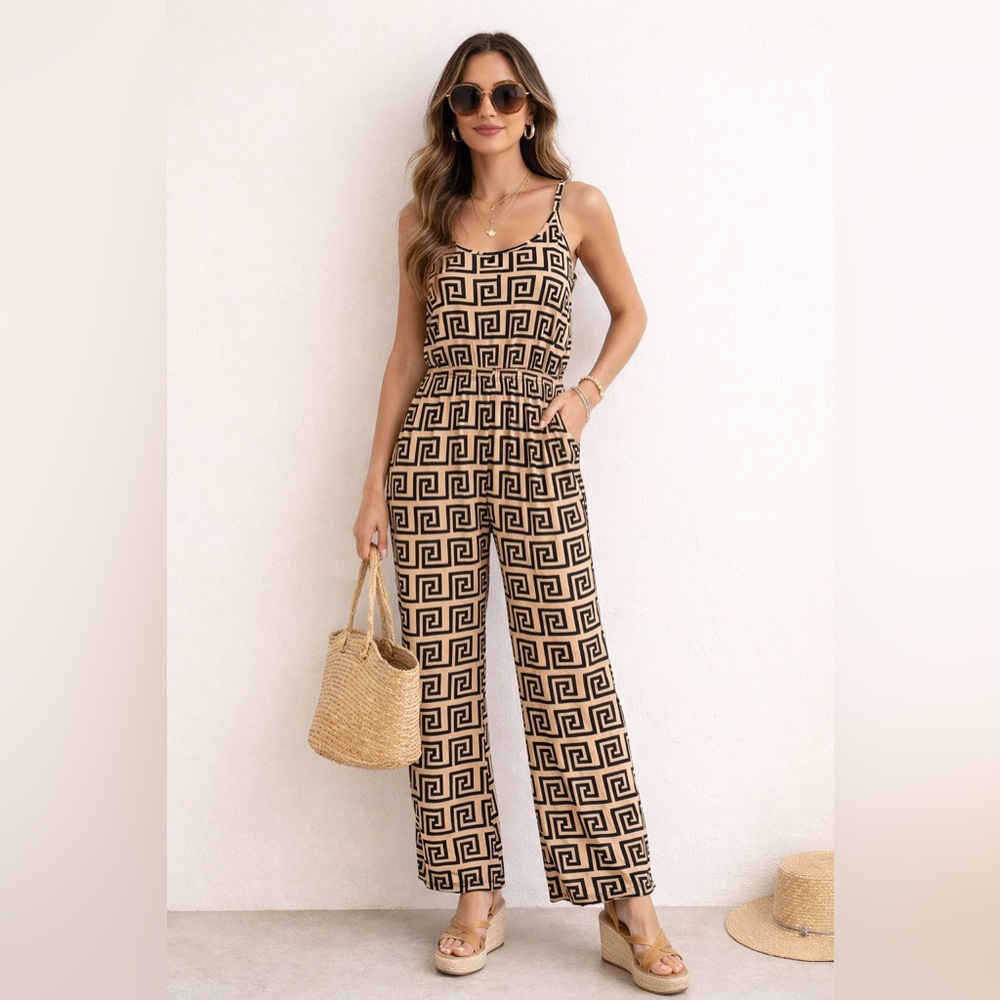 Geometric Print Strappy Jumpsuit in Beige & Black